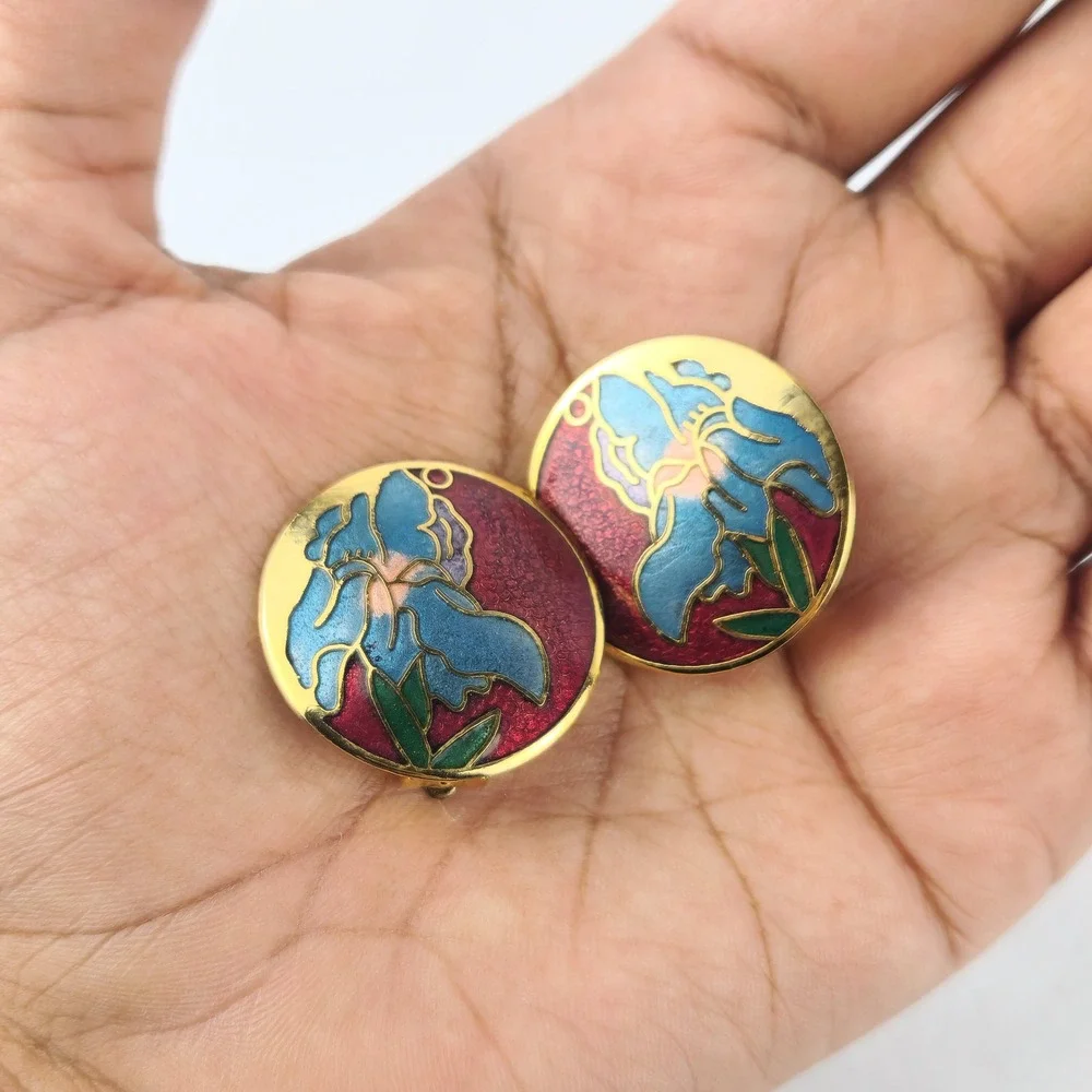 Vintage Cloisonné Iris Flower Clip‎ On Earrings Red Blue Gold Tone Enamel Floral